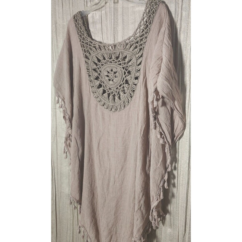 Earthy 1X Brown Crinkle Gauze Crochet Tassel Swim Cover Up Dress Hippie Boho